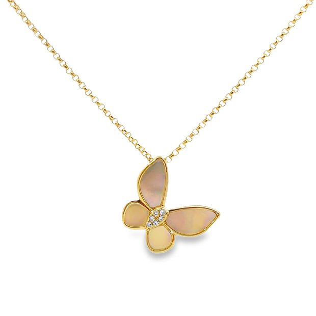 Yellow Gold Mother of Pearl and Diamond Butterfly Pendant