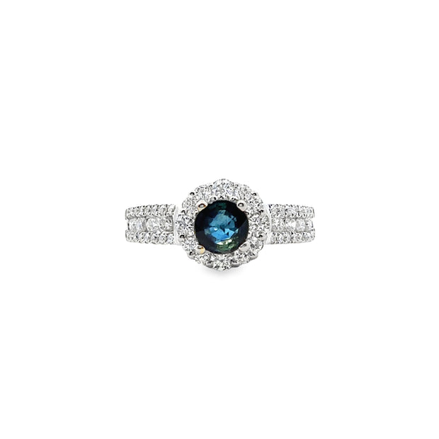 White Gold Sapphire and Diamond Halo Ring