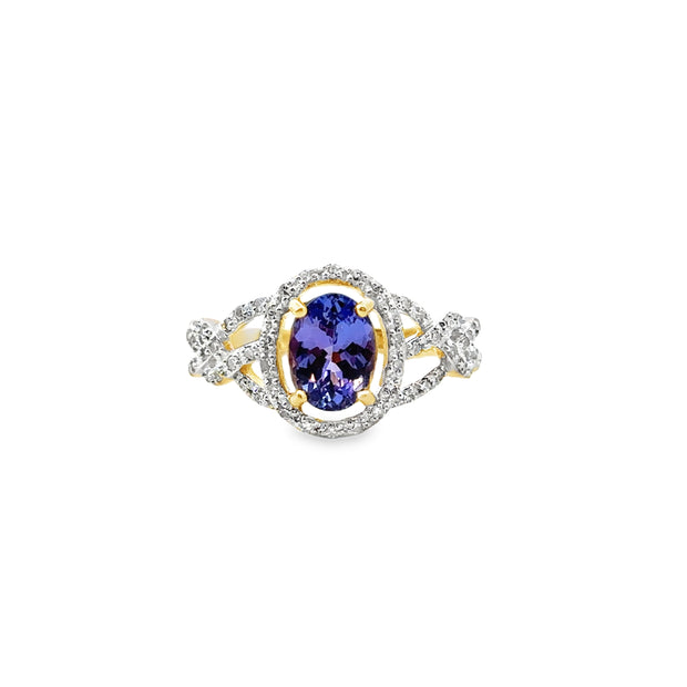 Yellow Gold Tanzanite and Diamond Halo Ring
