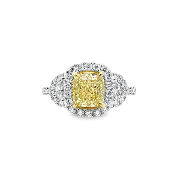 White Gold Fancy Yellow Diamond Three Stone Halo Ring