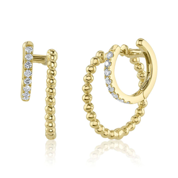 Shy Creation Yellow Gold Diamond Double Huggie Earrings
