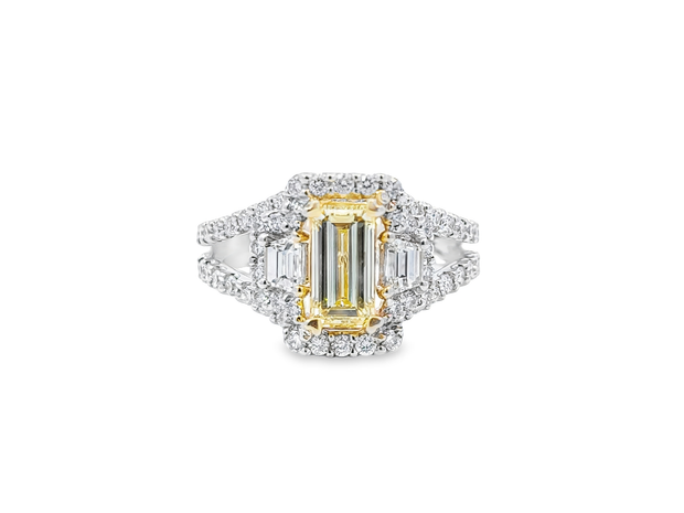 White Gold Fancy Yellow Diamond Three Stone Halo Ring