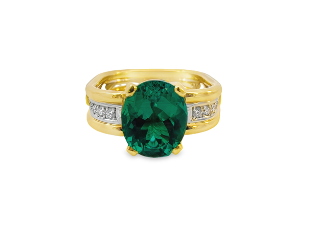Yellow Gold Chatham Lab Grown Emerald and Diamond Ring