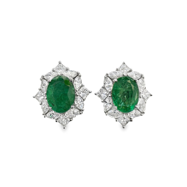 White Gold Emerald and Diamond Halo Stud Earrings