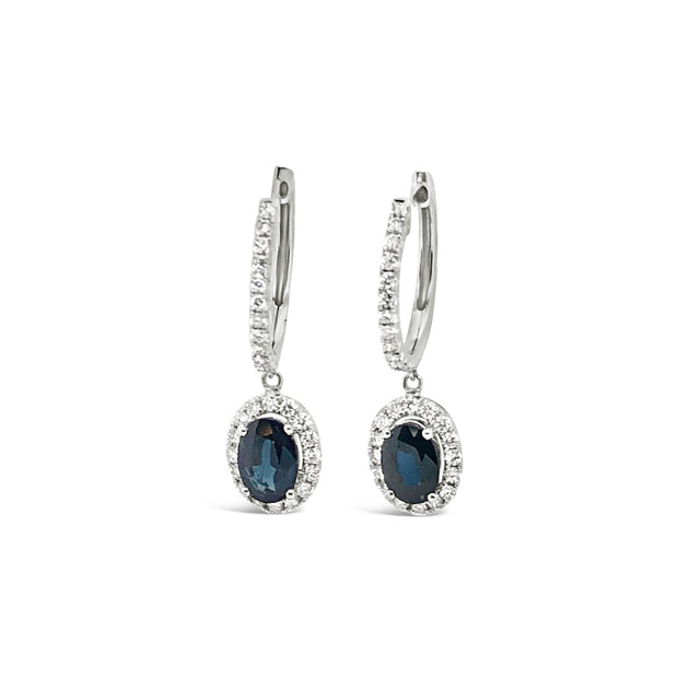White Gold Sapphire and Diamond Halo Drop Earrings