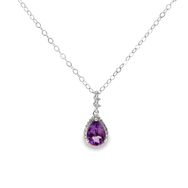 White Gold Amethyst and Diamond Halo Pendant