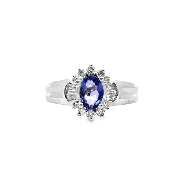 White Gold Tanzanite & Diamond Halo Fashion Ring