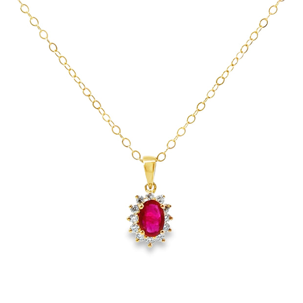 Yellow Gold Ruby and Diamond Halo Pendant