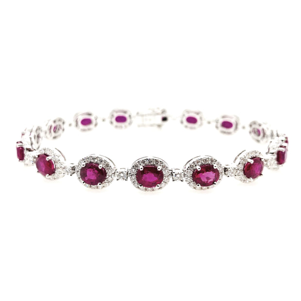 White Gold Ruby and Diamond Halo Bracelet