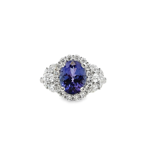 White Gold Tanzanite and Diamond Halo RIng
