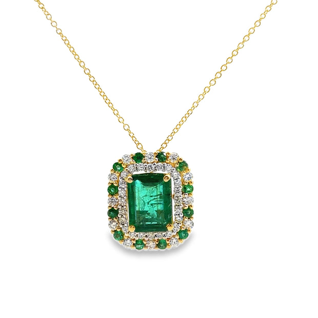 Yellow Gold Emerald and Diamond Halo Pendant