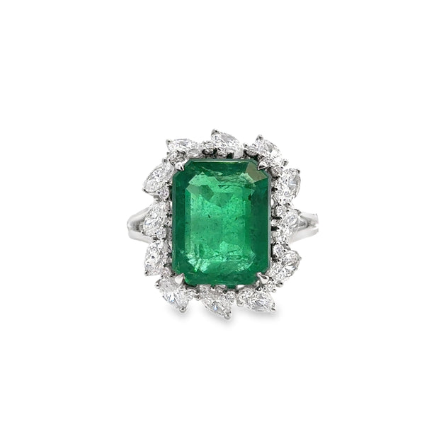 White Gold Emerald and Diamond Halo Ring