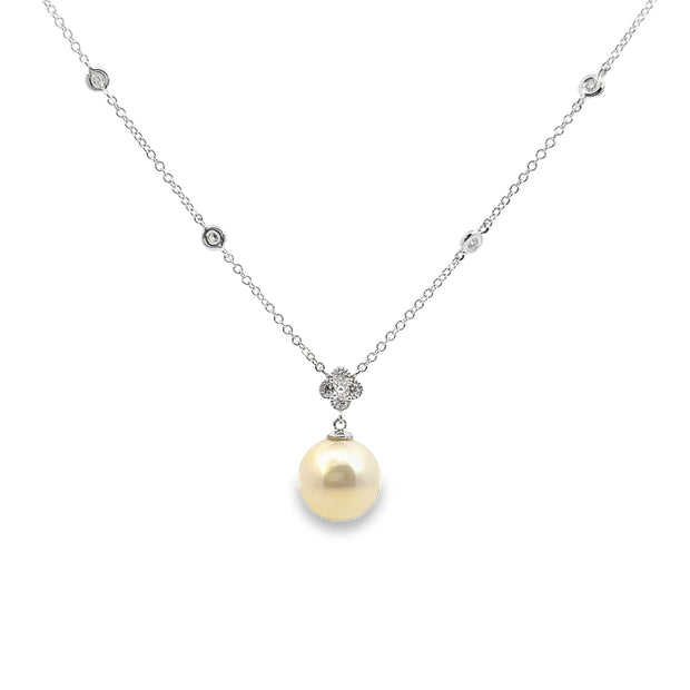 White Gold Pearl Drop and Diamond Necklace