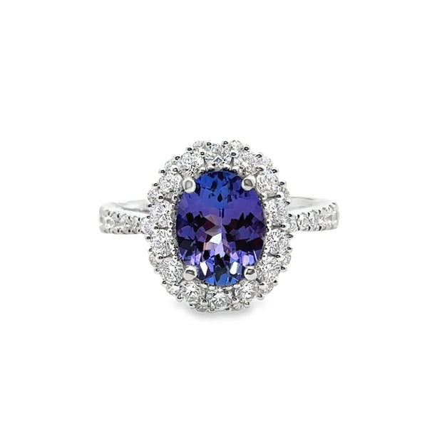 White Gold Tanzanite and Diamond Halo Ring