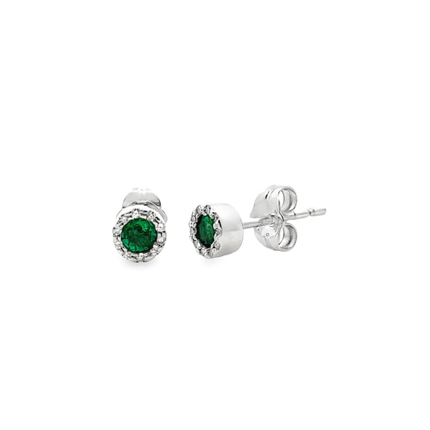 White Gold Emerald and Diamond Halo Stud Earrings