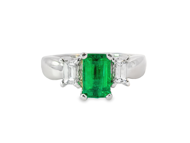 Platinum Three Stone Emerald and Diamond Ring