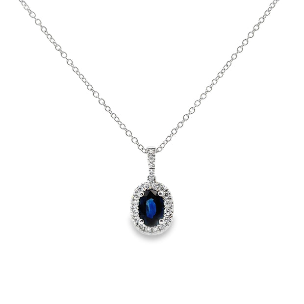 White Gold Sapphire and Diamond Halo Pendant