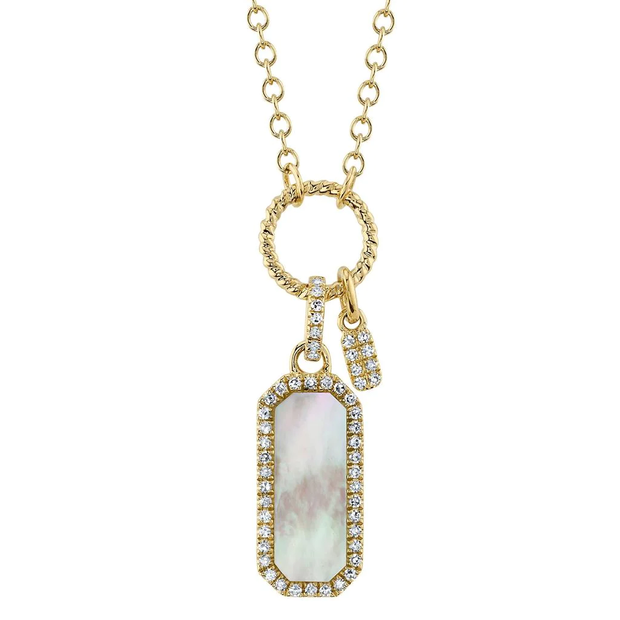 Shy Creation Yellow Gold Diamond and Mother of Pearl Dog Tag Necklace