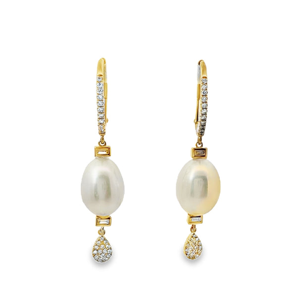 Yellow Gold Pearl and Diamond Dangle Earrings