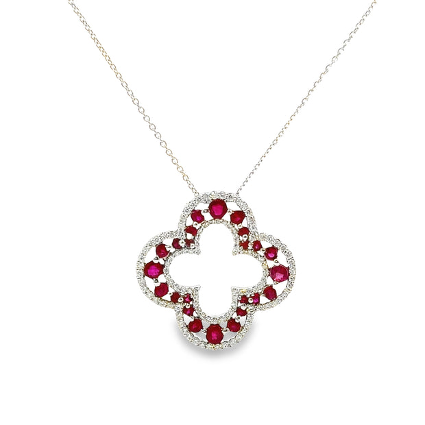 White Gold Ruby and Diamond Clover Shape Pendant