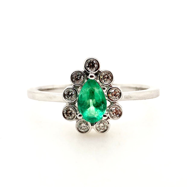 LeVian White Gold Emerald and Diamond Halo Ring