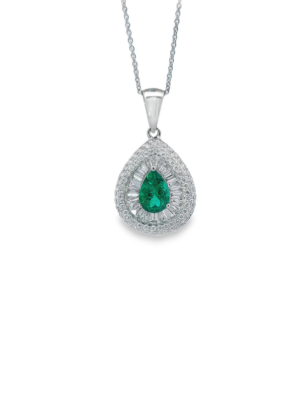 White Gold Emerald and Diamond Halo Pendant