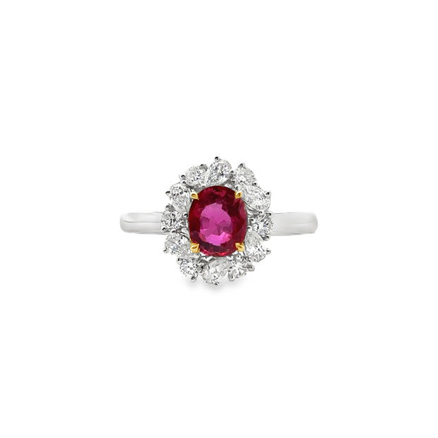 White Gold Ruby and Diamond Halo Ring