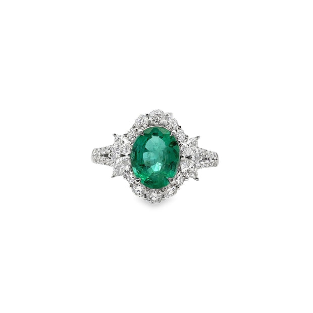 White Gold Emerald and Diamond Halo Ring