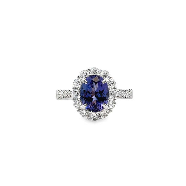 White Gold Tanzanite and Diamond Halo Ring
