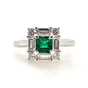 White Gold Emerald and Diamond Halo Ring