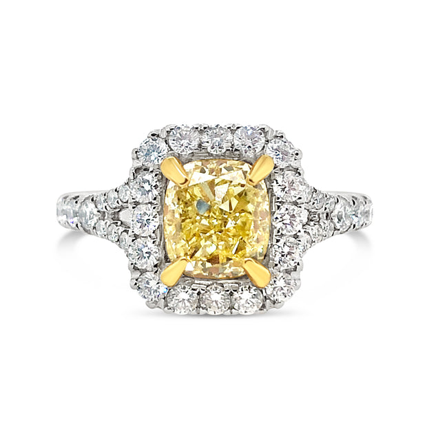 White/Yellow Gold Fancy Yellow Cushion Halo Diamond Ring