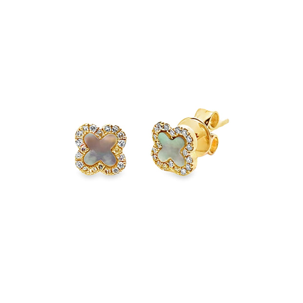Yellow Gold Mother of Pearl and Diamond Stud Earrings