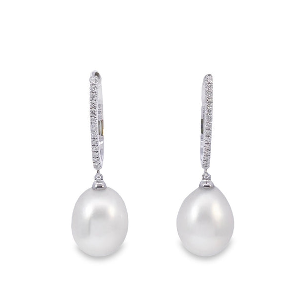 White Gold Pearl and Diamond Dangle Earrings
