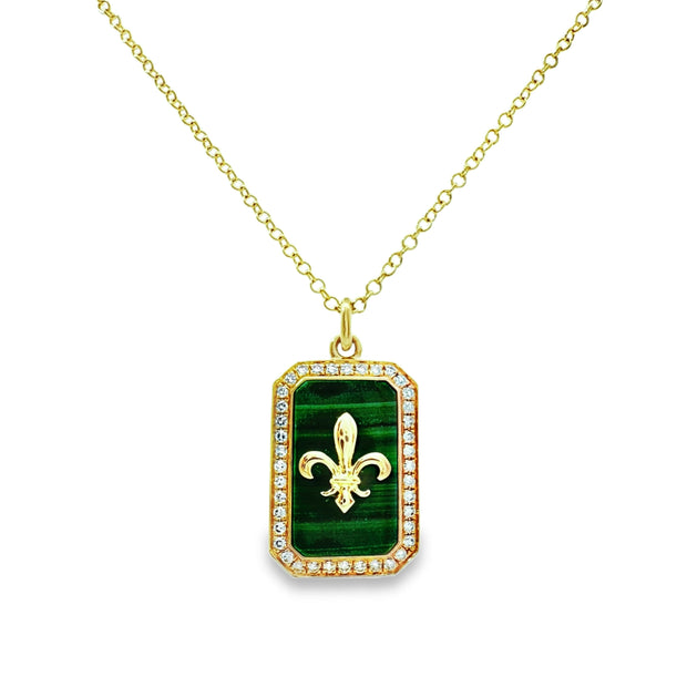 Shy Creation Yellow Gold Malachite and Diamond Fleur De Lis Pendant