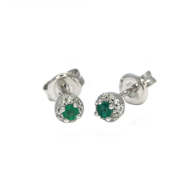 White Gold Emerald and Diamond Halo Stud Earrings