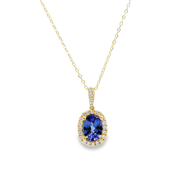 Yellow Gold Tanzanite and Diamond Halo Pendant