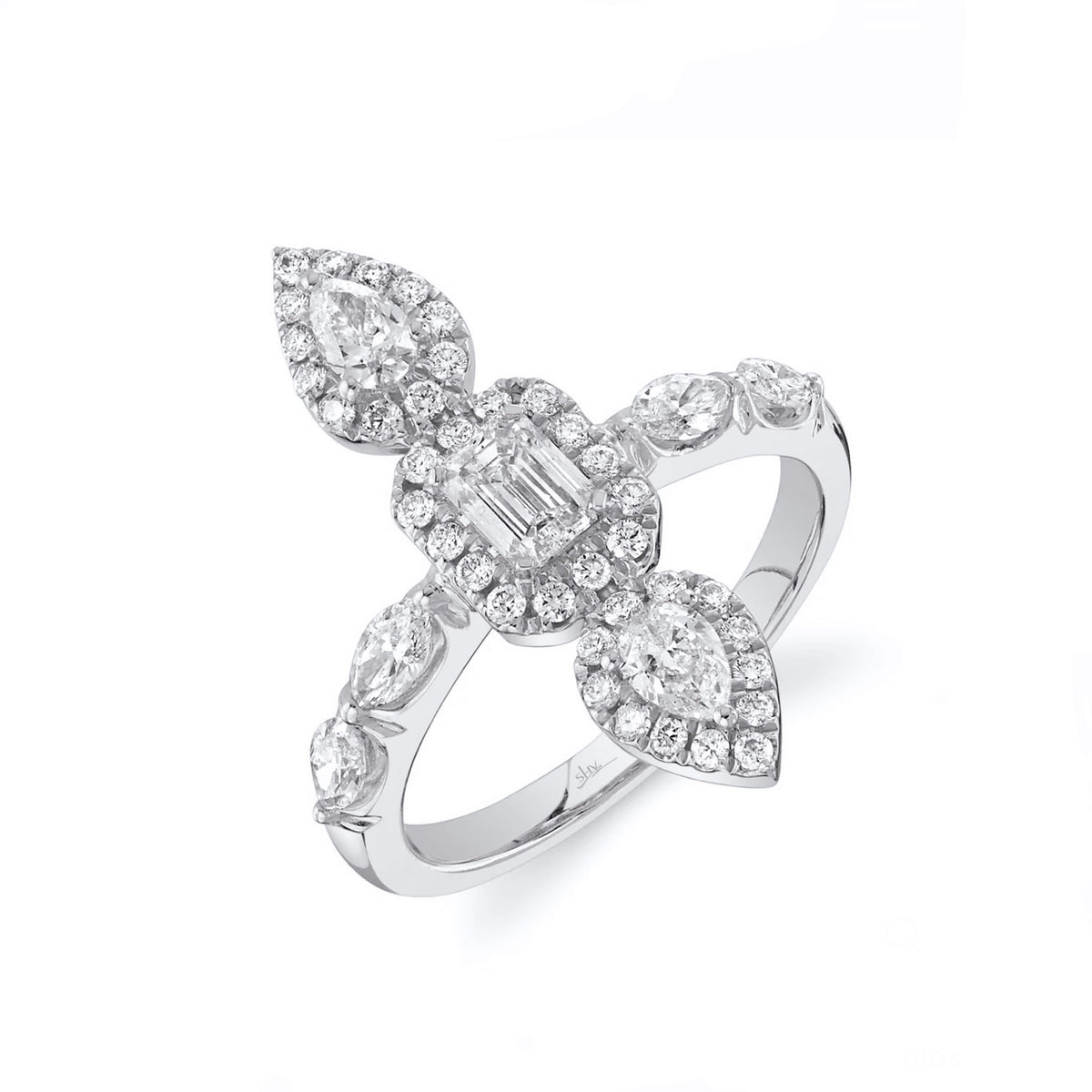 Shy Creation White Gold Three Stone Diamond Halo Fashion Ring