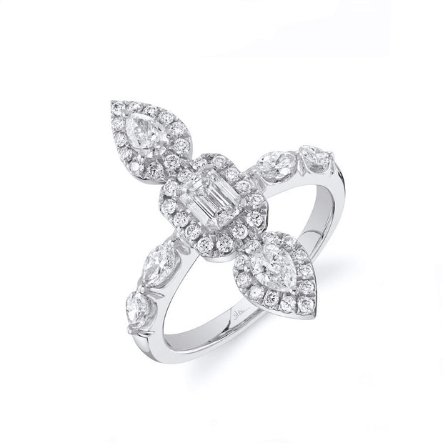 Shy Creation White Gold Three Stone Diamond Halo Fashion Ring