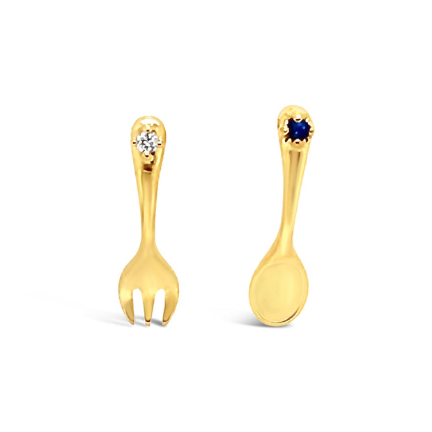 Yellow Gold Sapphire and Diamond Fork & Spoon Fashion Earrings