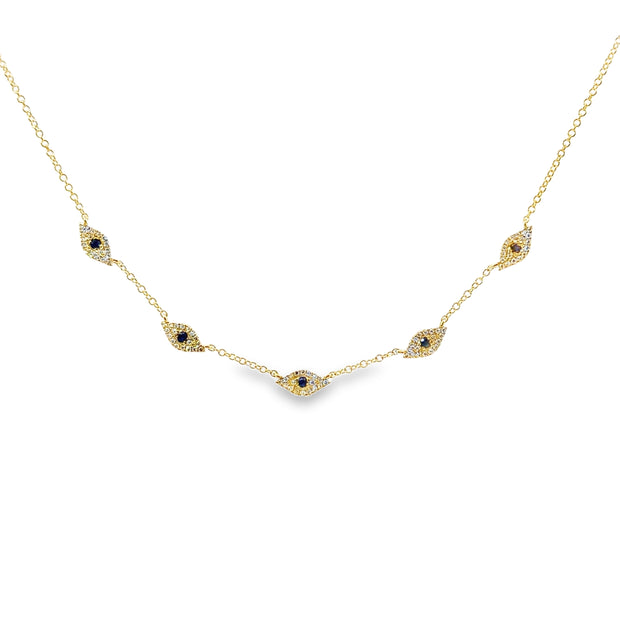 Yellow Gold Sapphire and Diamond Evil Eye Necklace