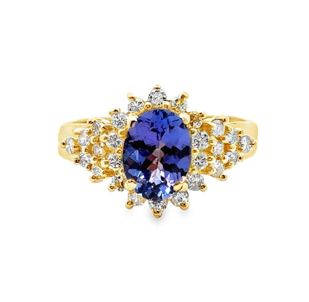 Yellow Gold Tanzanite and Diamond Halo Ring