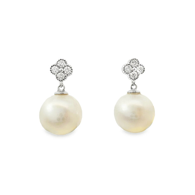 White Gold Diamond and Pearl Dangle Earrings