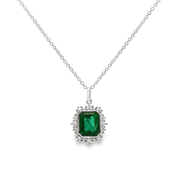 White Gold Emerald and Diamond Halo Pendant