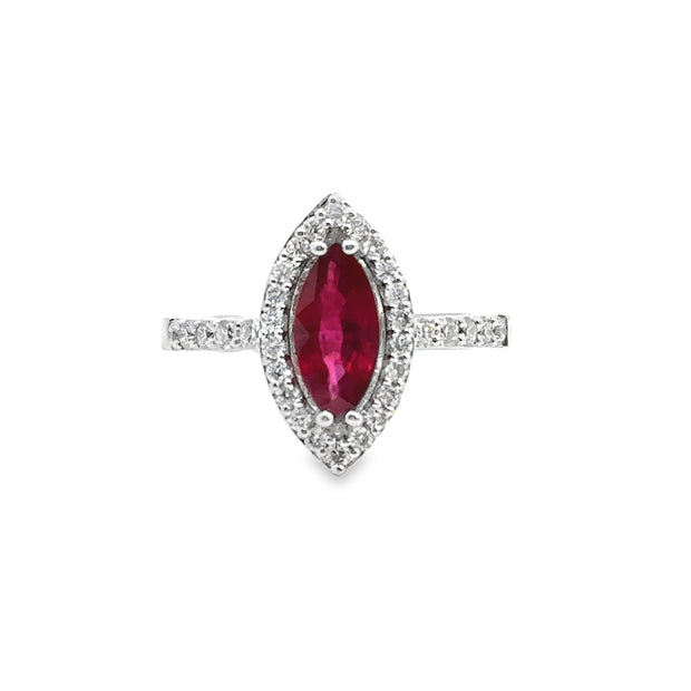 White Gold Ruby and Diamond Halo Ring