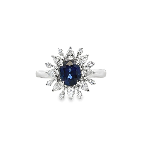 White Gold Sapphire and Diamond Halo Ring