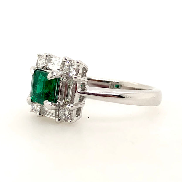 White Gold Emerald and Diamond Halo Ring