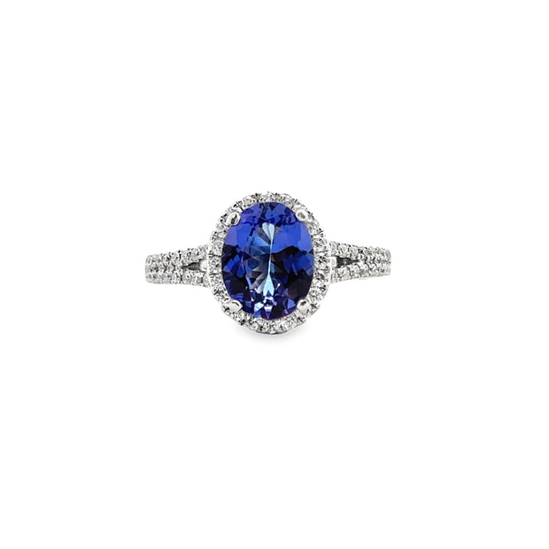 White Gold Tanzanite and Diamond Halo Ring
