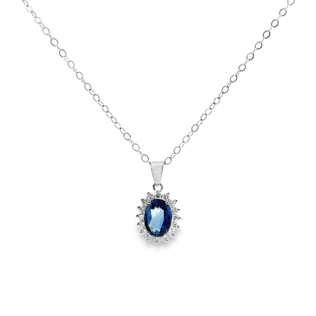 White Gold Sapphire and Diamond Halo Pendant
