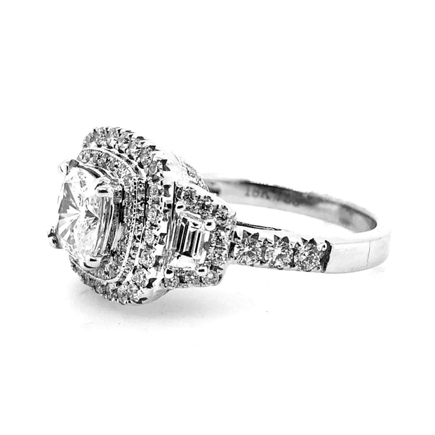 White Gold Three Stone Halo Engagement Ring