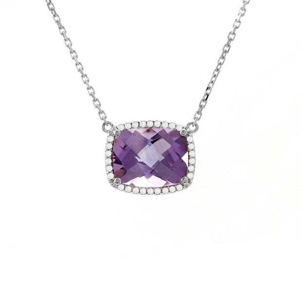 White Gold Amethyst and Diamond Halo Necklace